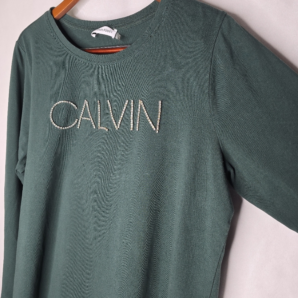 Calvin Klein T-shirt Hunter Green Long Sleeve Crystal Rhinestone Logo L/XL? - Picture 3 of 12